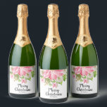 Merry Christmas Floral Poinsettia Holiday Sparkling Wine Label<br><div class="desc">Personalized Christmas sparkling wine bottle labels that feature a large pink poinsettia,  winter flowers,  pines and holly leaves your details in chic lettering. MATCHING items in our store.</div>