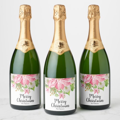 Merry Christmas Floral Poinsettia Holiday Sparkling Wine Label