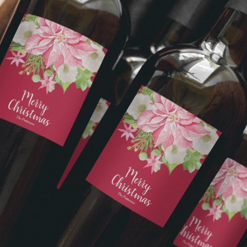 Merry Christmas Floral Poinsettia Wine Label
