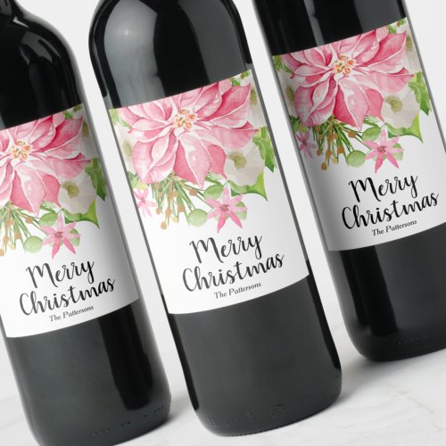 Merry Christmas Floral Poinsettia Wine Label