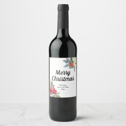 Merry Christmas Floral red berries Wine Label