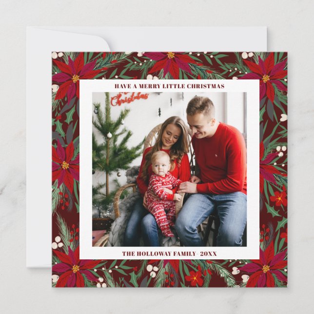 Merry Christmas floral red green photo square Announcement (Front)