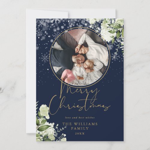 Merry Christmas Floral Snow Gold And Blue Photo Holiday Card