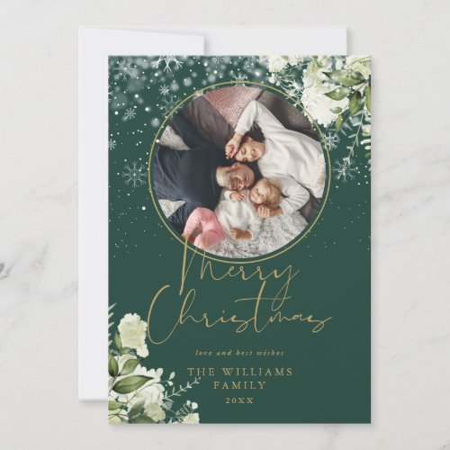 Merry Christmas Floral Snow Gold And Green Photo Holiday Card