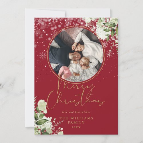 Merry Christmas Floral Snow Gold And Red Photo Holiday Card