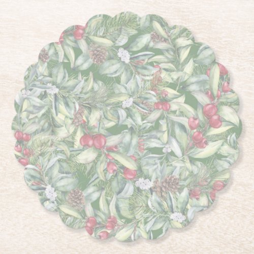 Merry Christmas Floral Watercolor Paper Coaster