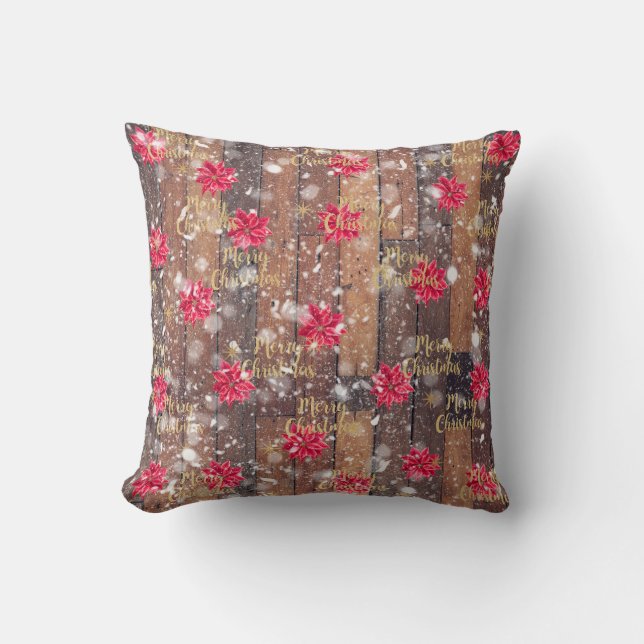 Merry Christmas Floral Wooden Planks Throw Pillow (Front)
