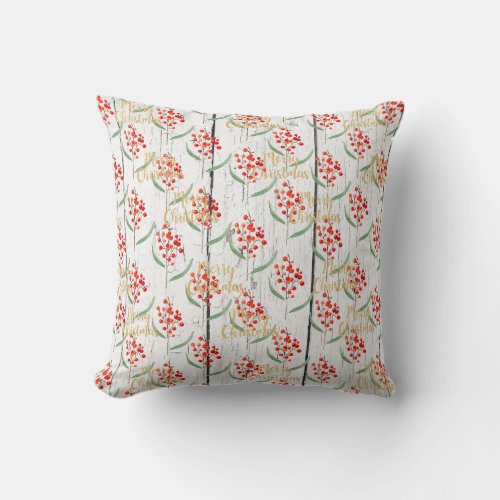 Merry Christmas Floral Wooden Planks Throw Pillow