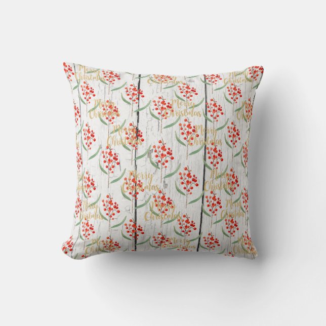 Merry Christmas Floral Wooden Planks Throw Pillow (Front)