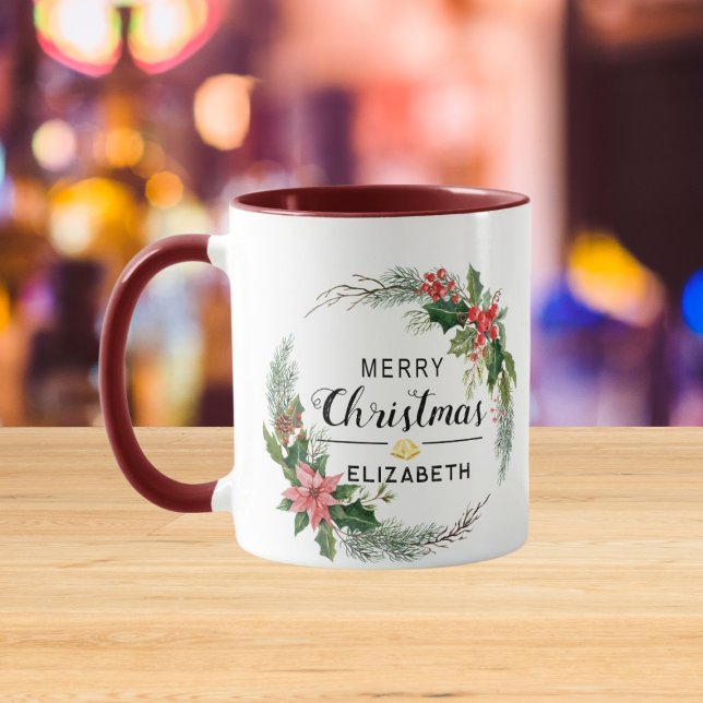 Merry Christmas Floral Wreath and Script Maroon Mug (Creator Uploaded)