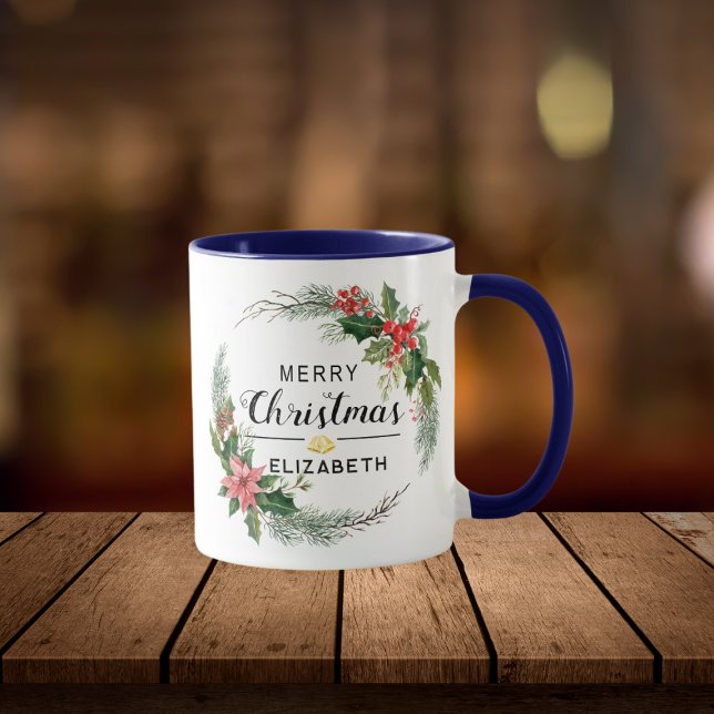 Merry Christmas Floral Wreath and Script Navy Blue Mug (Creator Uploaded)