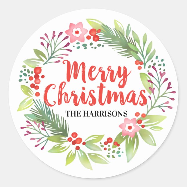 Merry Christmas Floral Wreath Classic Round Sticker (Front)
