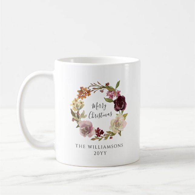 Merry Christmas Floral Wreath Family Name Coffee Mug (Left)