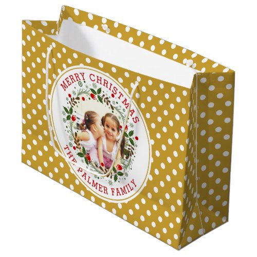Merry Christmas floral wreath gold polka dot photo Large Gift Bag
