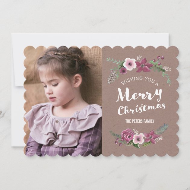 Merry Christmas Floral Wreath Holiday | Photo Card