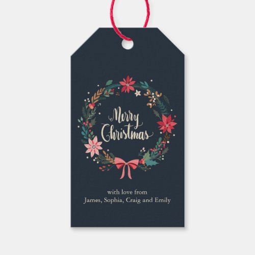 Merry Christmas Floral Wreath Personalized Gift Tags