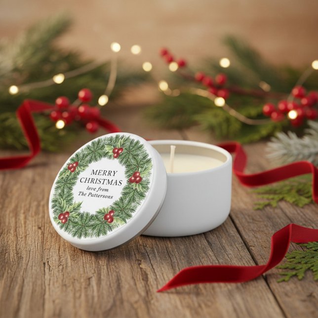 Merry Christmas Floral Wreath Personalized Name Mini Candle Favors (Creator Uploaded)