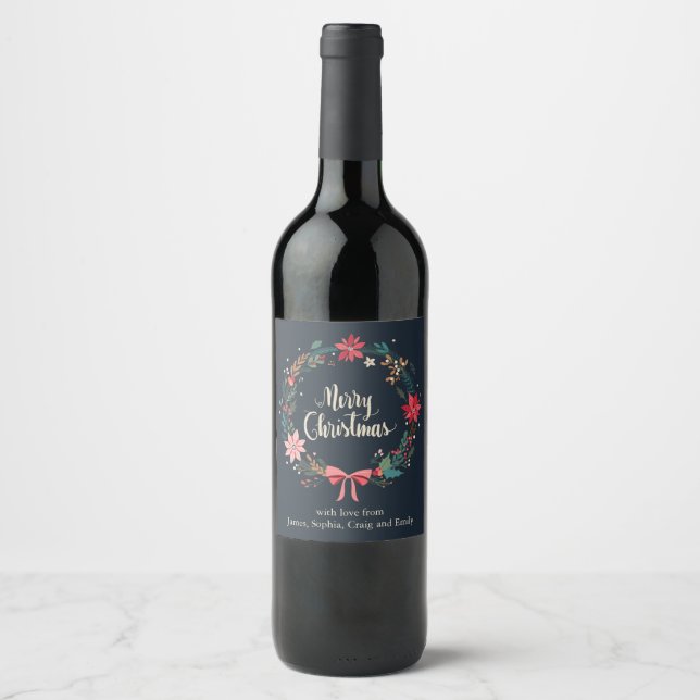 Merry Christmas Floral Wreath Personalized Wine Label (Front)