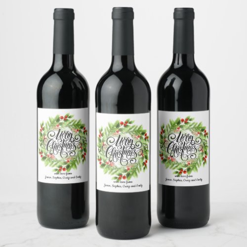 Merry Christmas Floral Wreath Personalized Wine Label