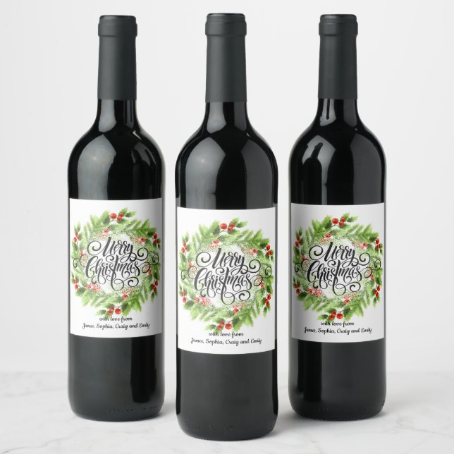 Merry Christmas Floral Wreath Personalized Wine Label (Bottles)
