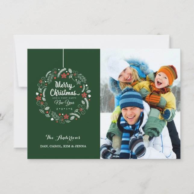 MERRY CHRISTMAS FLORAL WREATH PHOTO CARD (Front)