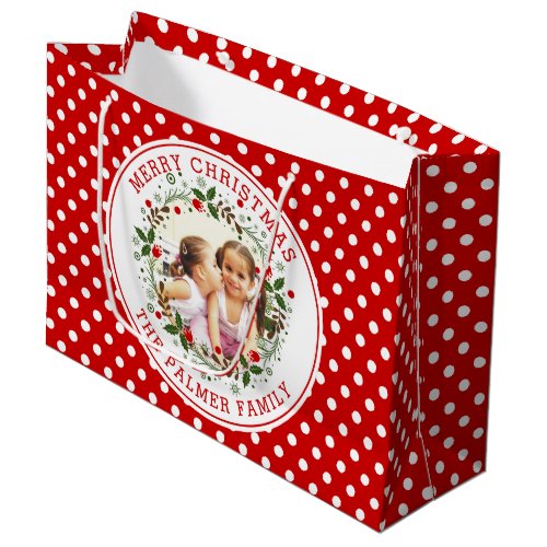 Merry Christmas floral wreath red polka dot photo Large Gift Bag