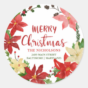 Merry Christmas Floral Wreath Return Address    Classic Round Sticker