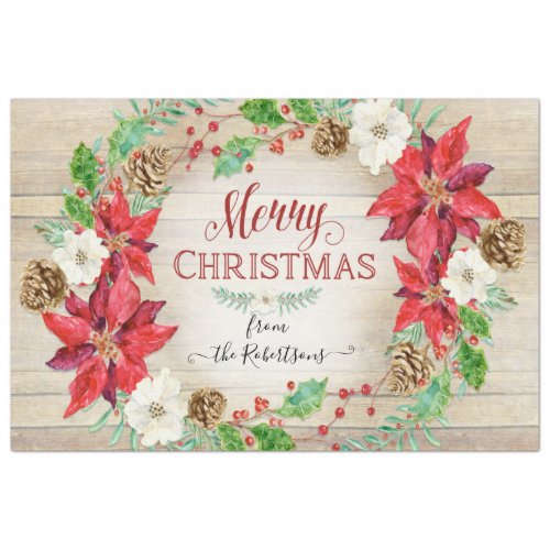 Merry Christmas Floral Wreath Script Typography Tissue Paper