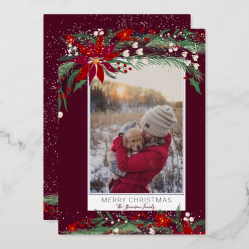 Merry Christmas floral wreath snow photo Foil Holiday Card