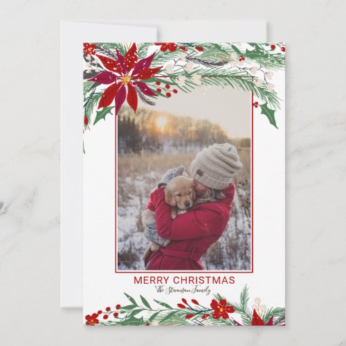 Merry Christmas floral wreath snow photo Holiday Card