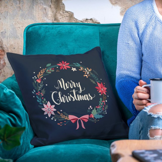 Merry Christmas Floral Wreath Throw Pillow (Creator Uploaded)