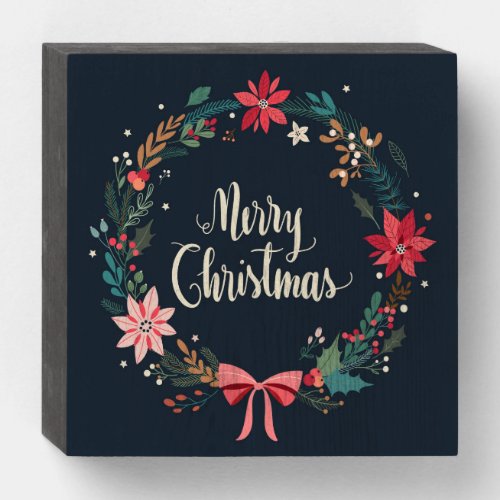 Merry Christmas Floral Wreath Wooden Box Sign