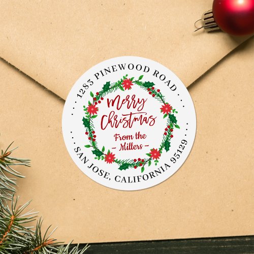 Merry Christmas Floral Wreath Your Return Address Classic Round Sticker
