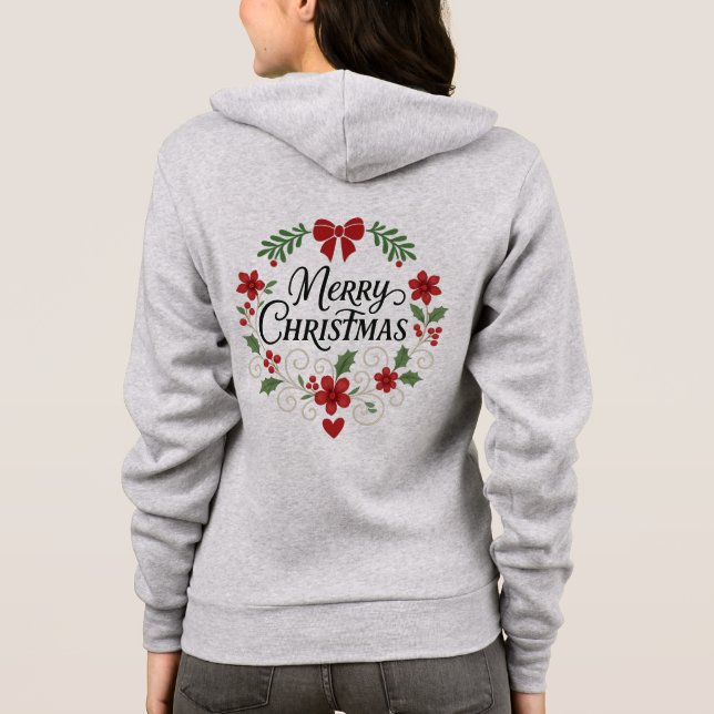 Merry Christmas Floral Wreath Zip-Up Hoodie (Back)