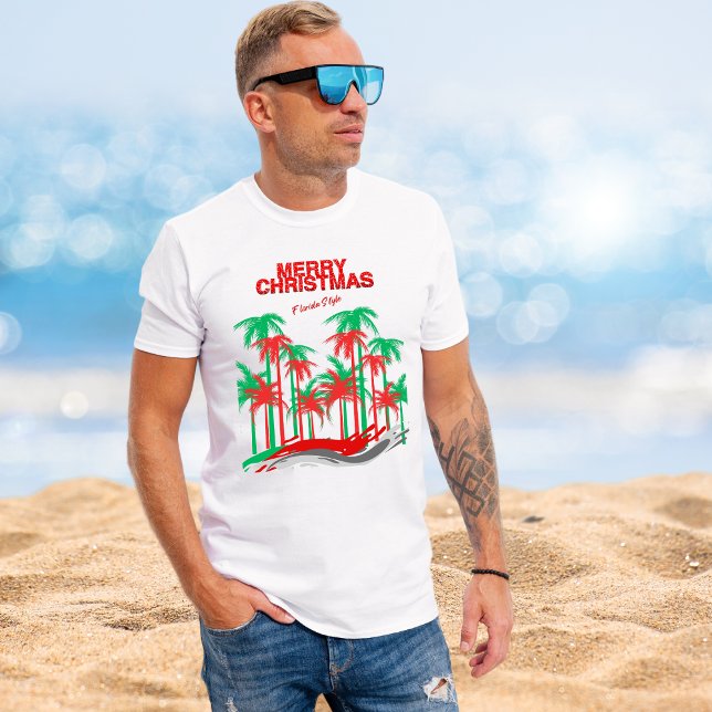 Merry Christmas Florida Style Red Green Palm Trees T-Shirt (Creator Uploaded)