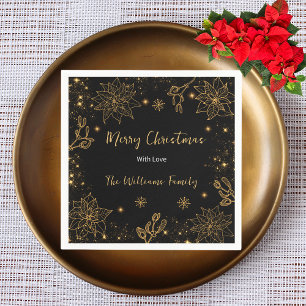 Merry Christmas Flowers and Stars   Black Gold Napkins