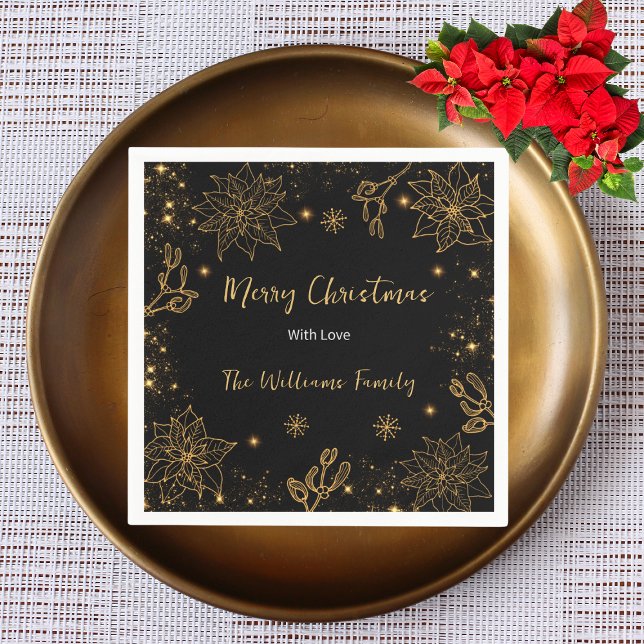 Merry Christmas Flowers and Stars | Black Gold Napkins (Creator Uploaded)