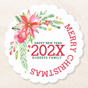Merry Christmas Flowers Bouquet Happy New-Year Paper Coaster