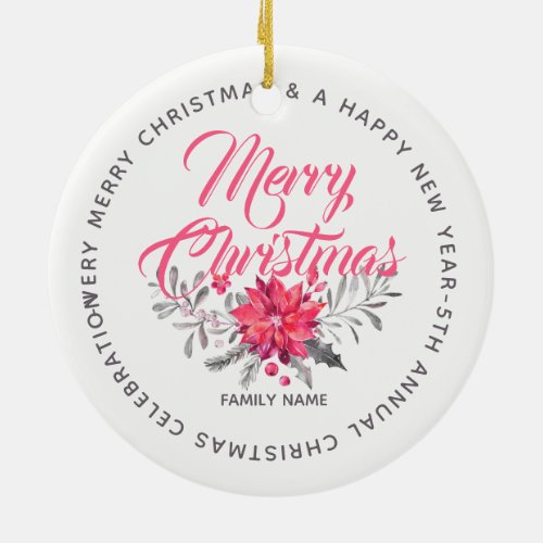 Merry Christmas Flowers Bouquet  Typography Ceramic Ornament