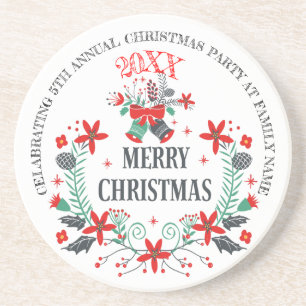 Merry Christmas Flowers Wreath & Typography Design Sandstone Coaster