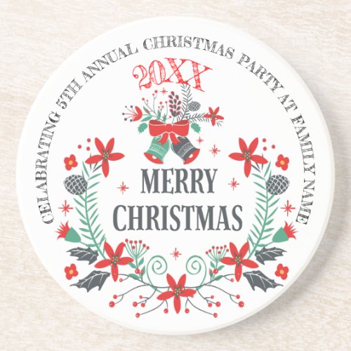 Merry Christmas Flowers Wreath  Typography Design Sandstone Coaster