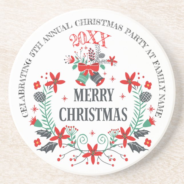 Merry Christmas Flowers Wreath & Typography Design Sandstone Coaster (Front)