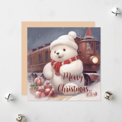 Merry Christmas _ Fluffy Polar Bear and Train Card