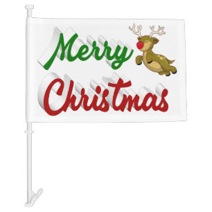 Merry Christmas Flying Reindeer red green script Car Flag