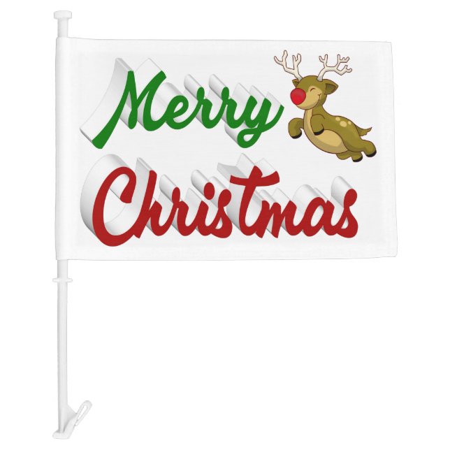 Merry Christmas Flying Reindeer red green script Car Flag (Front)