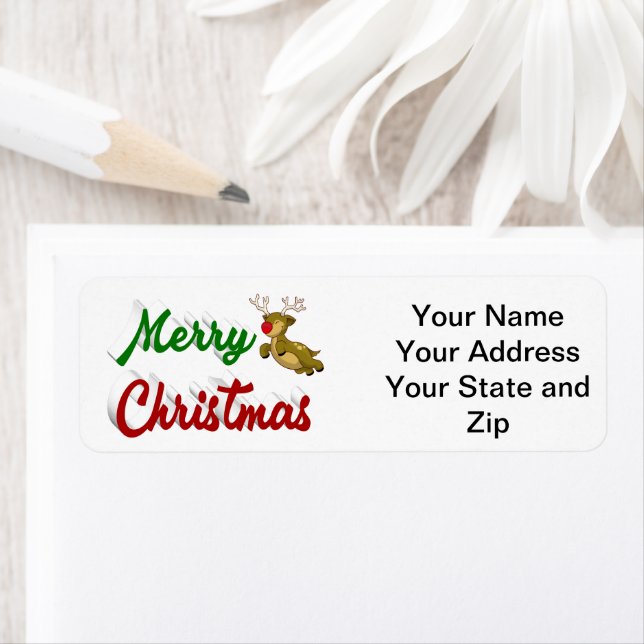 Merry Christmas Flying Reindeer red green script Label (Insitu)