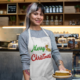 Merry Christmas Flying Reindeer red green script Long Apron