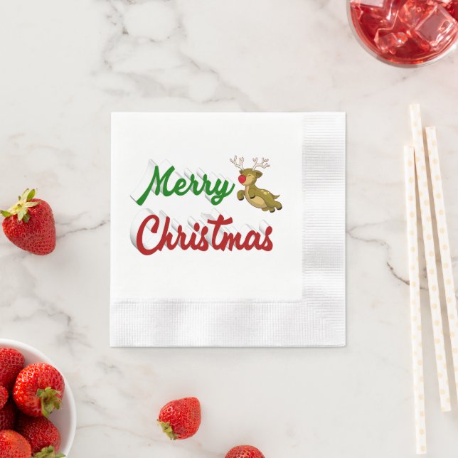 Merry Christmas Flying Reindeer red green script Napkins (Insitu)
