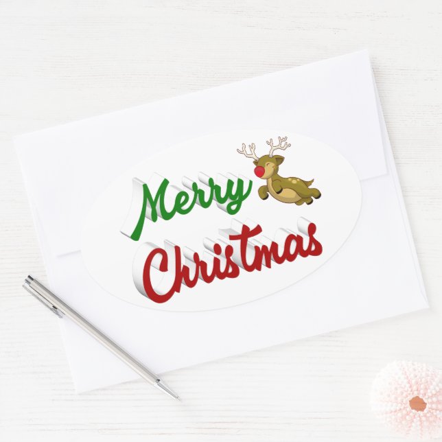 Merry Christmas Flying Reindeer red green script Oval Sticker (Envelope)