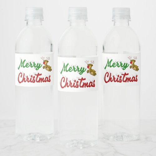 Merry Christmas Flying Reindeer red green script Water Bottle Label